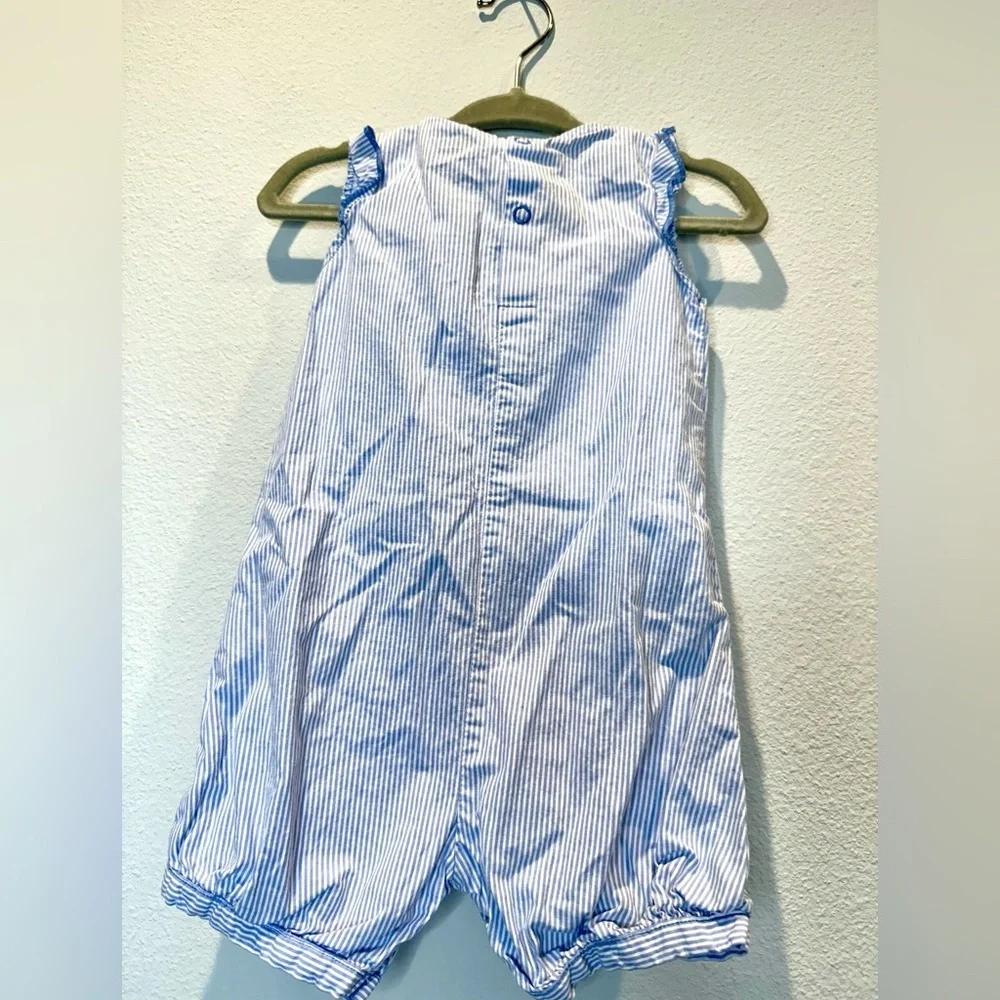 Sweet Strawberry Embroidered Pin Stripe Romper | Ruffles | 6-9mo | EUC | Blue - Picture 6 of 7